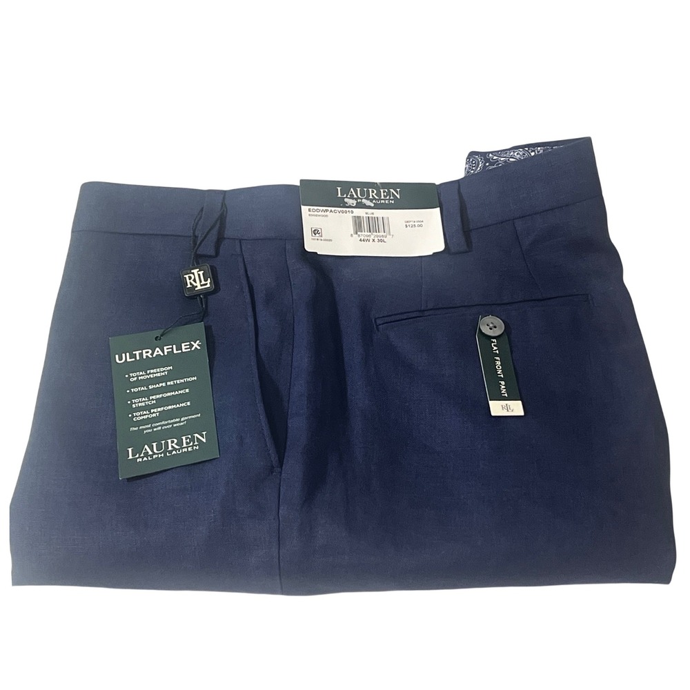 LAUREN Ralph Lauren Ultraflex Blue Flat Front Linen Dress Pants Men's 44x30 New